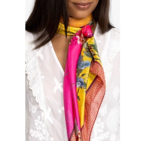 Johnny Was Emboy Scarf Silk Square Large Floral Pink Yellow Tassel Scarves New - Picture 4 of 6